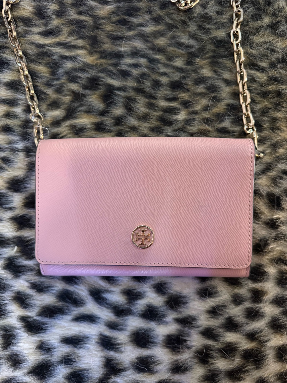 Tory Burch Light Pink Crossbody Wallet with Gold Chain